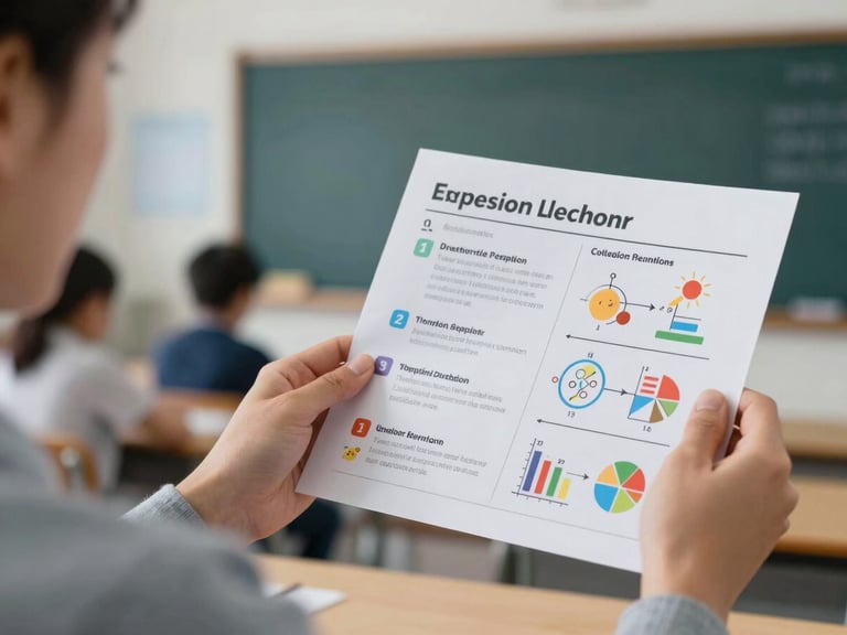 Close-up of a teacher's hands holding a printed lesson plan with colorful diagrams, soft studio lighting, classroom background out of focus.