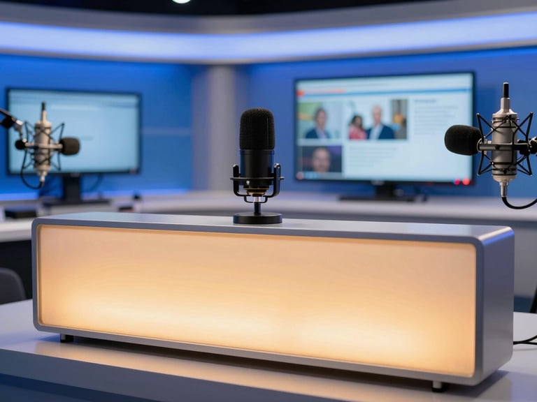 Medium shot of a modern clean broadcast studio with a glowing amber on-air sign, professional microphones, and a blue-tinted monitor displaying educational slides, 35mm.