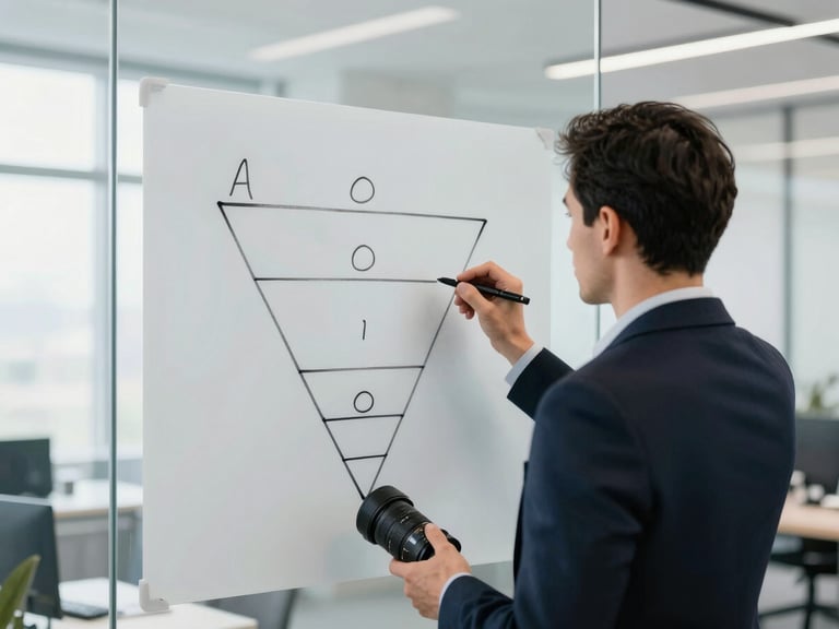 A strategist sketching a multi-layered target audience funnel on a glass whiteboard, natural office light, 35mm lens