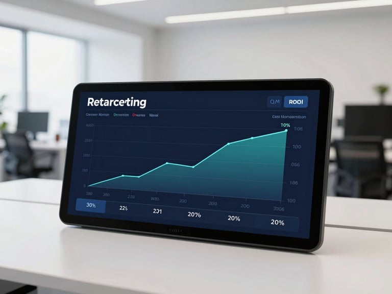 A crisp dashboard screen showing retargeting conversion metrics and positive ROI curves, clean modern office background