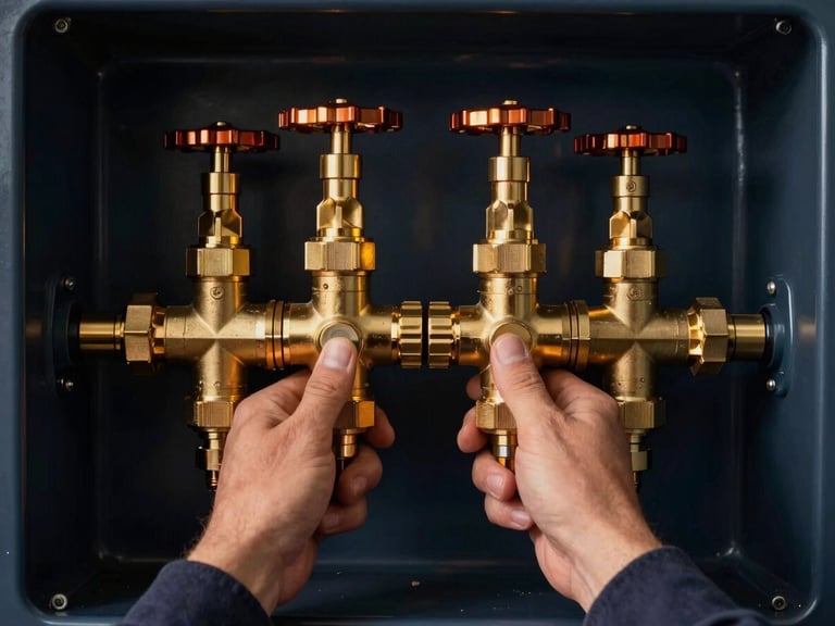 Professional technician's hands calibrating a high-end residential heating system, warm golden light reflecting on polished brass valves, dark navy background, symmetrical composition.