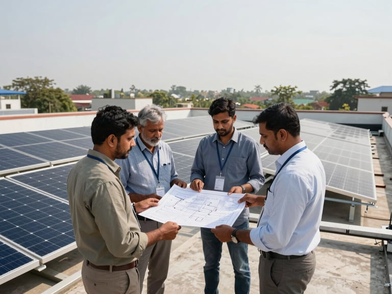 Wide shot of regional business owners reviewing blueprints on-site at a commercial rooftop solar installation in India, bright natural daylight.