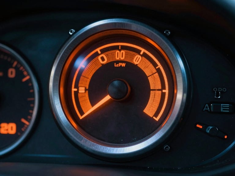 Dashboard warning light for engine or DPF, illuminated in orange, moody industrial lighting, high contrast.