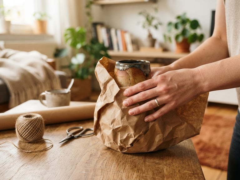 Hands carefully wrapping a ceramic vase in brown paper, soft natural indoor daylight, cozy domestic setting, realistic textures, 35mm lens