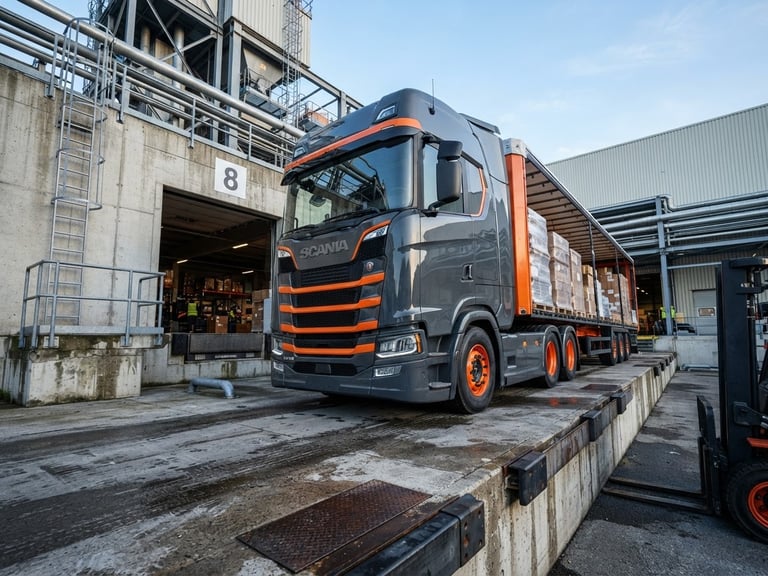 Low-angle heroic shot of a modern orange and charcoal cargo truck at a concrete loading dock, crisp morning daylight, industrial atmosphere
