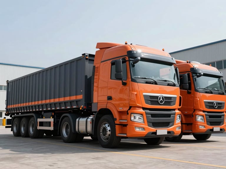 Low-angle heroic shot of modern heavy cargo trucks parked in a clean industrial warehouse bay, sharp daylight, high-contrast safety orange detailing