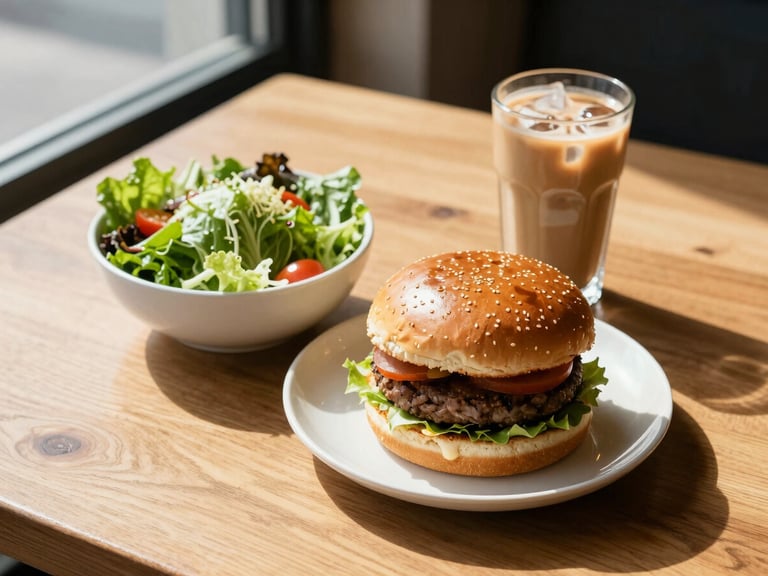 Overhead close-up of a wooden cafe table with a stacked burger, a fresh green salad bowl, and an iced coffee in a tall glass, natural daylight from a side window casting sharp shadows, clean surface, no clutter