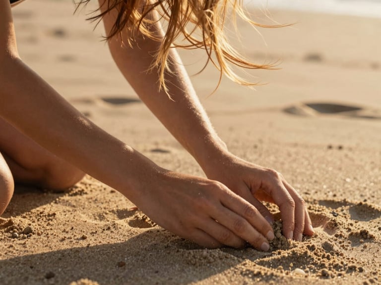Close-up of hands gently holding, wind-blown hair, warm golden-hour low-angle sun casting soft shadows on a sandy beach