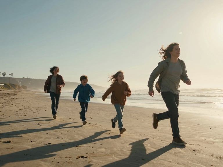 Cinematic wide shot of a family of four running along a sun-drenched Northern California beach during golden hour, low-angle sun casting long shadows, natural lens flare, wind-blown hair, unposed authentic laughter.