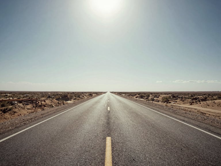 Wide panoramic empty American highway stretching to the horizon, dusty shoulders, harsh midday sun glare, desaturated documentary style