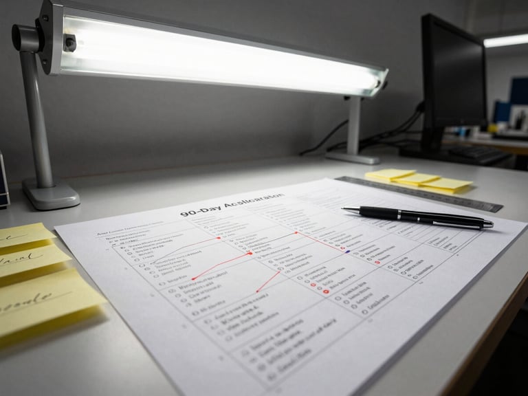 Wide shot of a professional workspace with a printed 90-day acceleration roadmap document on a desk, sticky notes with milestones, pen and ruler, bright overhead fluorescent light, no people visible, operational and systematic feel