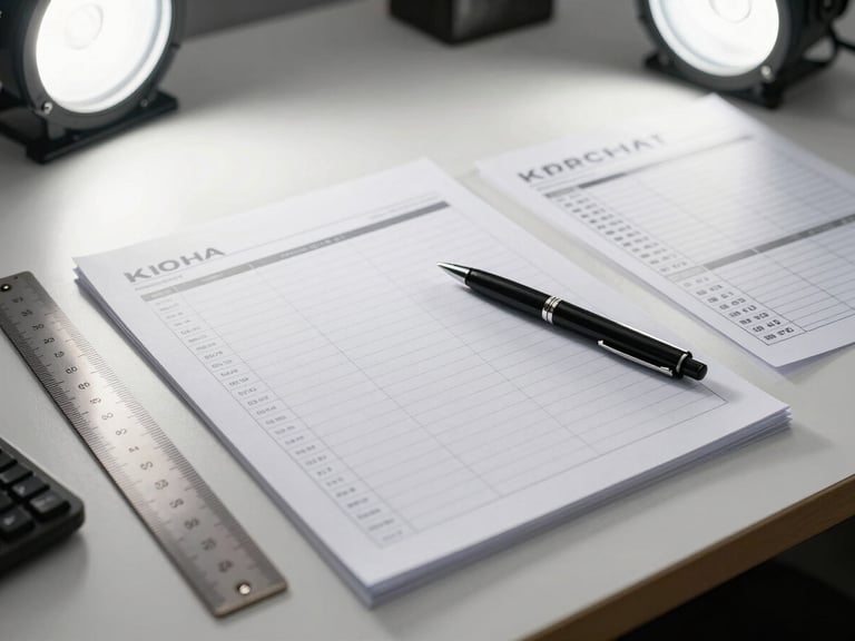 Wide shot of a professional desk with a structured monthly plan document laid flat, pen resting across it, a ruler and printed KPI table visible alongside, bright overhead studio lighting, clean and technical atmosphere