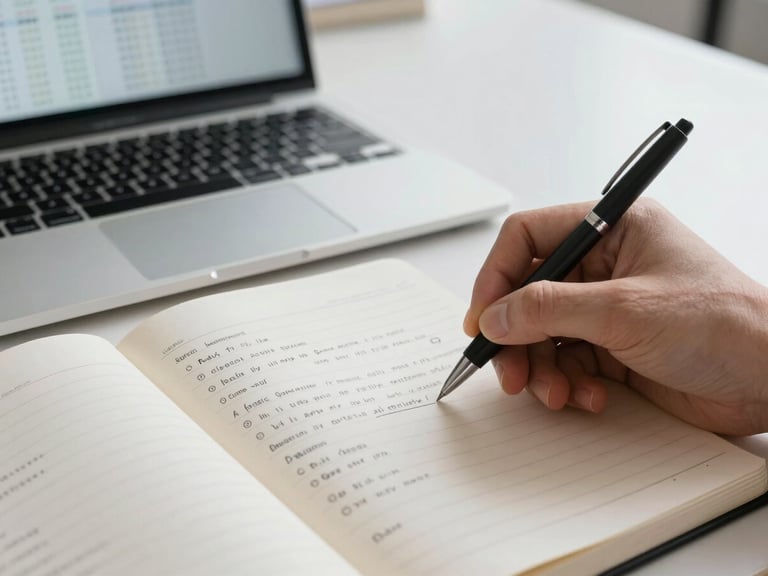 Close-up of an open notebook on a desk, a hand writing structured diagnostic notes with a pen, financial spreadsheet visible on a laptop screen in the background, clean overhead fluorescent lighting, no people visible beyond the writing hand