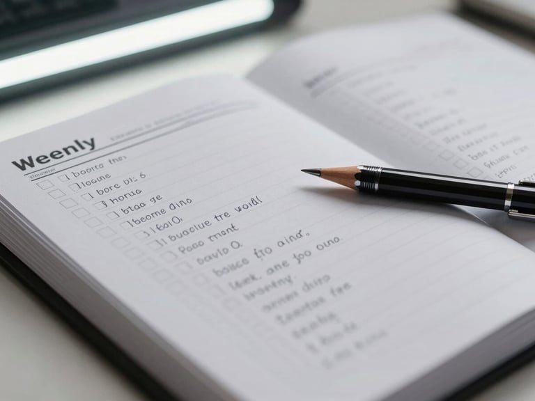 Close-up of a weekly planning sheet on a desk with handwritten tasks and checkboxes, a mechanical pencil resting on the page, clean fluorescent overhead light, no human face visible, clinical and precise atmosphere