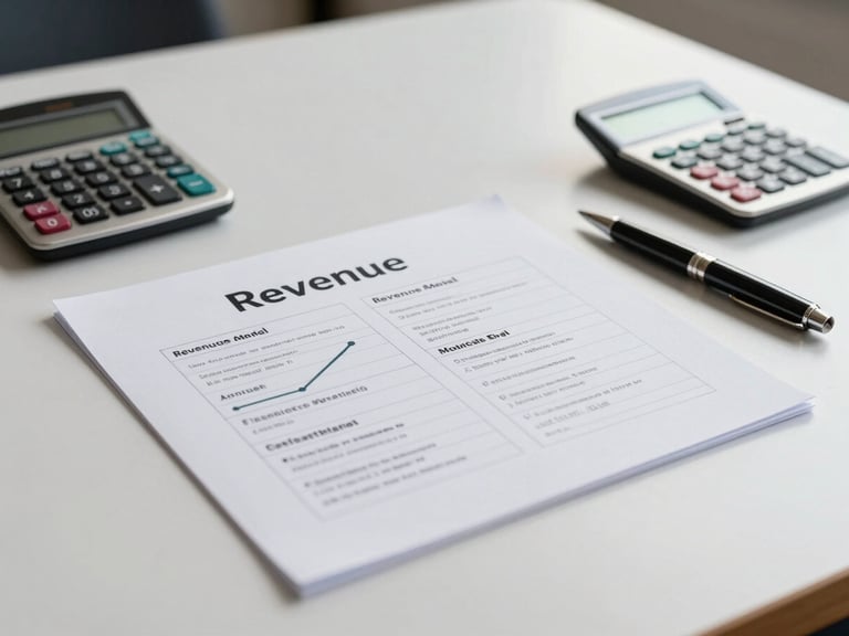 Wide panoramic shot of a business planning session: a printed revenue model document on a table, calculator and pen beside it, no faces, clean overhead lighting, financial operations atmosphere