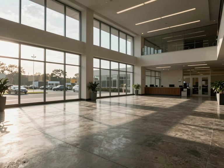 Wide interior shot of an empty commercial lobby during business hours, natural daylight from floor-to-ceiling windows casting long shadows across polished concrete floors, no people, architectural framing
