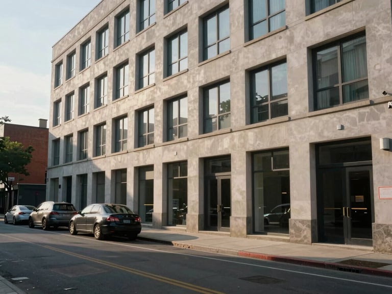 Wide exterior facade of a mid-rise mixed-use building on a quiet urban street, shot in natural morning light from across the road, building occupies the right two-thirds of the frame, sidewalk and parked vehicles visible in the foreground — no people, no dramatization