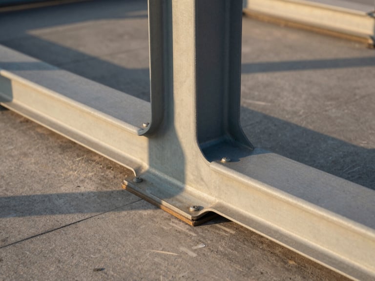 Extreme close-up of a structural steel joint meeting raw concrete on a high-altitude terrace, low-sun golden hour casting sharp geometric shadows across the permanent materials.