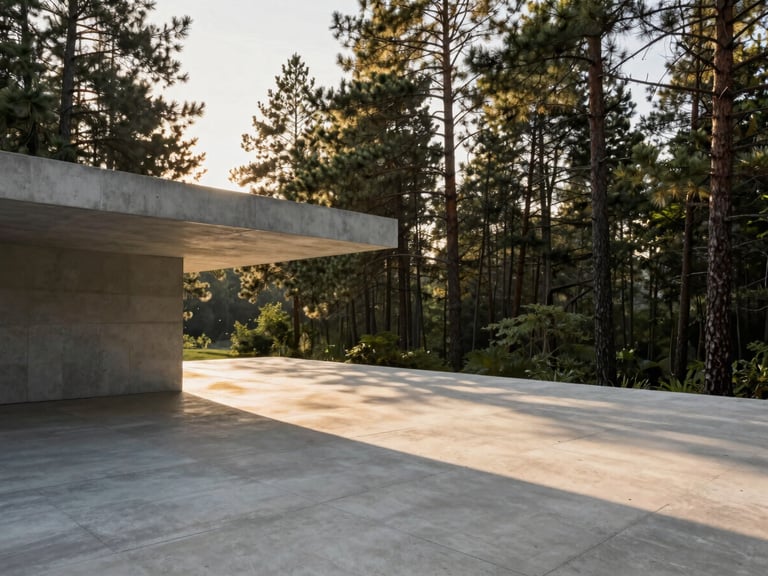 Wide panoramic shot of a minimalist concrete terrace cantilevered over a dramatic pine forest valley, low-angle golden hour sun casting long geometric shadows.