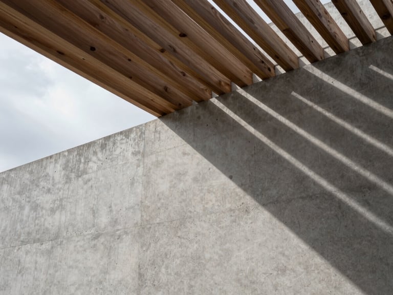 Dramatic architectural shadow play on a raw concrete wall from overhead cedar louvers, overcast sky, precise structural lines.