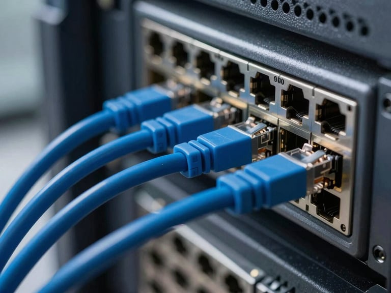 Macro close-up of physical server rack cables, structured blue ethernet cords patched cleanly into enterprise switches under cool office daylight, shallow depth of field.