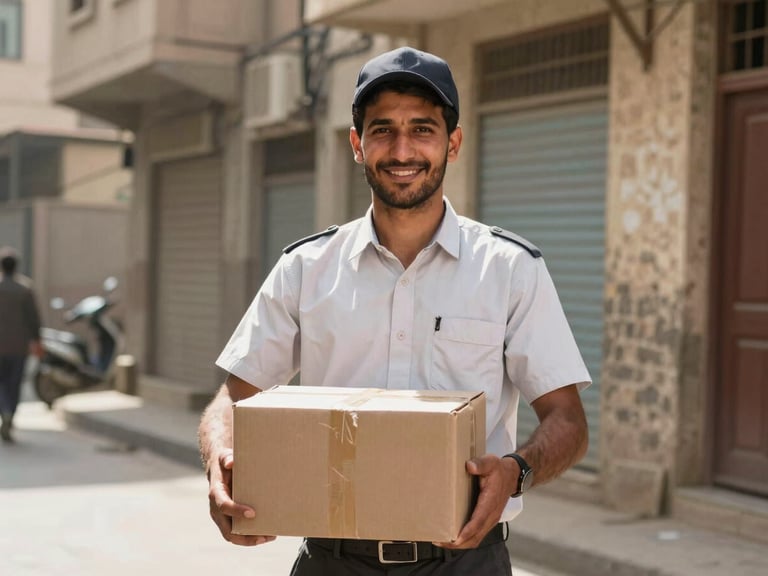 A professional Afghan delivery courier in a clean uniform, holding a secure package with a smile, bright natural daylight in a Kabul street setting.