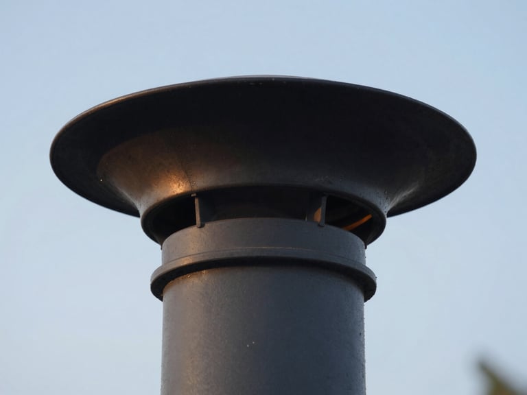 Close-up of a new top-sealing chimney damper being installed, blue sky background, natural light