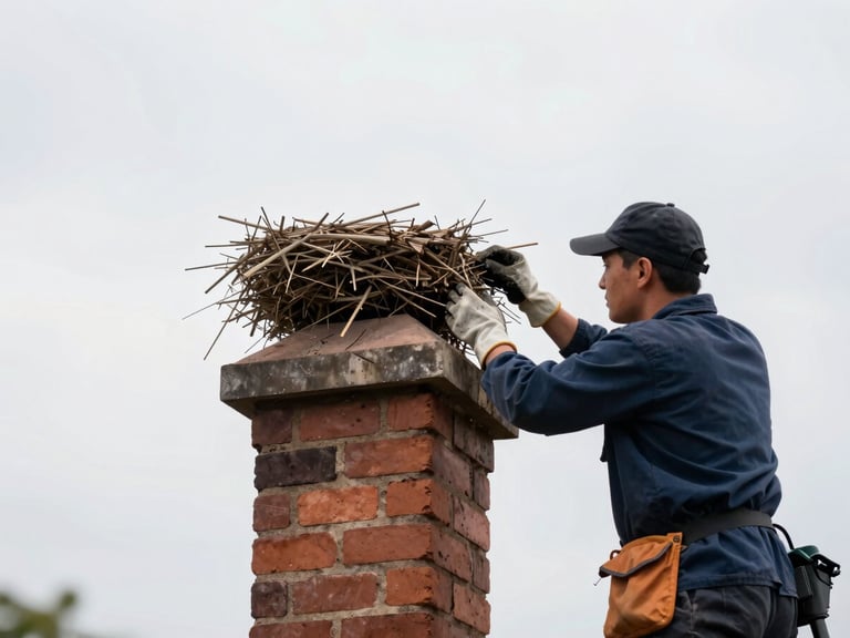 Chimney sweep carefully removing a bird's nest from a flue, wearing gloves, natural light, clean environment