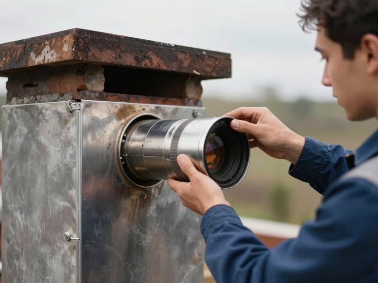 Technician installing a new stainless steel flue liner into a chimney, focused hands, clean uniform, natural light