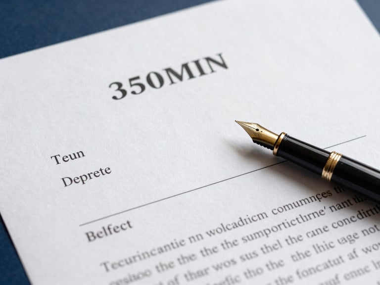 Close-up of a neatly drafted legal document on textured stamp paper, elegant fountain pen resting on the side, soft natural daylight, professional editorial photography