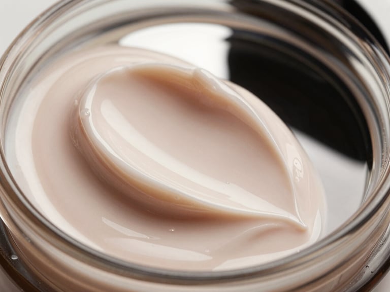Macro close-up of rich cosmetic cream texture, elegant swatches reflecting soft light, high-end editorial photography