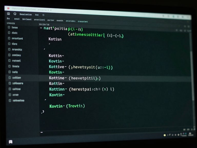 Low-key studio shot of a high-contrast IDE screen showing clean native Kotlin code with subtle green accent glow, moody technical photography, sharp focus