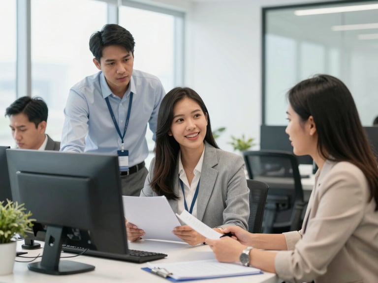 Bright corporate photography, professional workspace, medium shot of Filipino business professionals collaborating in a modern Davao office, 35mm