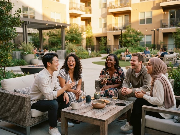 A bright, sunlit apartment courtyard with modern outdoor furniture, where a small, diverse group of smiling residents are laughing and talking together, warm golden hour light, 35mm.
