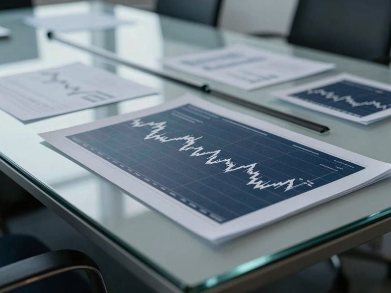 Close-up of analytical financial charts on a sleek glass boardroom table, cool overcast natural light, sharp focus, 35mm