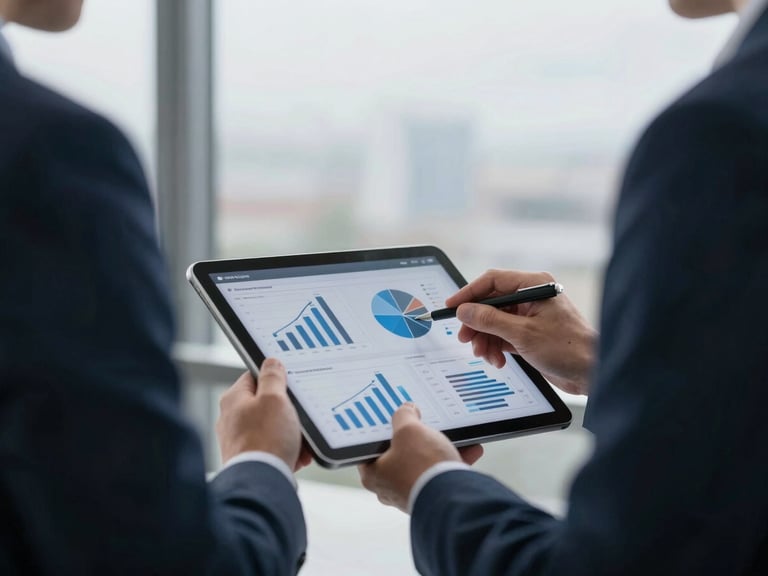 Close-up of a professional advisor analyzing high-end charts on a tablet, overcast natural light, 35mm