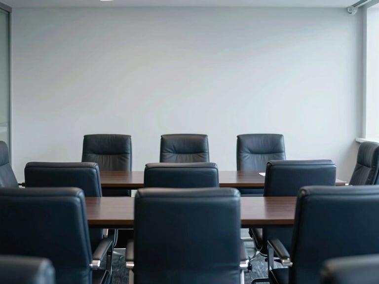 Structured corporate meeting room with clean lines, empty leather chairs, soft shadows, cool overcast daylight, 35mm