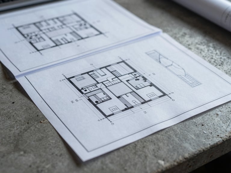 Tight macro crop of architectural blueprints and analytical charts on a concrete desk, cool overcast daylight, 35mm