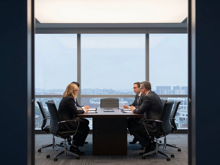 Structured corporate meeting room with natural overcast light, architectural framing, sharp focus, 35mm