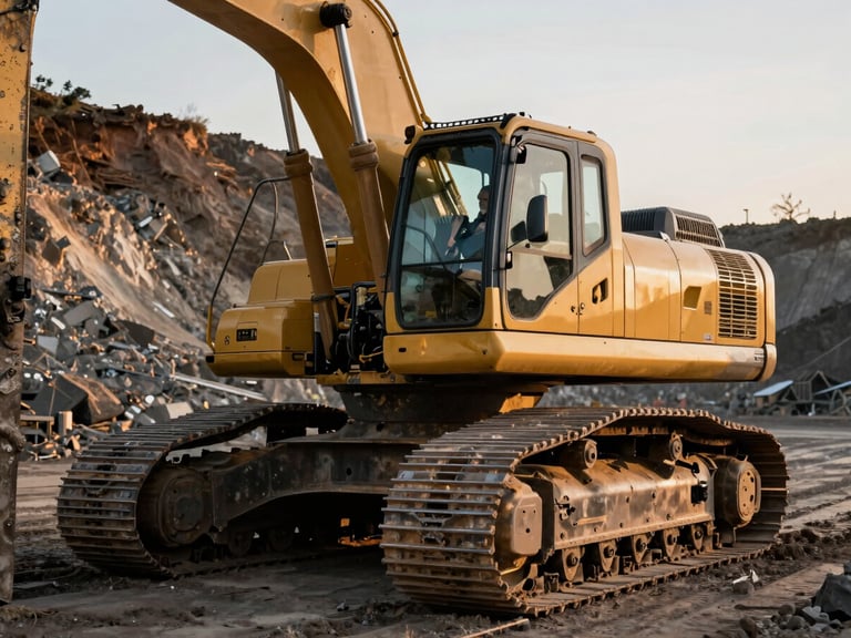 Close-up of a technician checking the heavy metallic track of a massive excavator in an open-pit mine, dramatic golden hour lighting, high-contrast industrial photography, 35mm