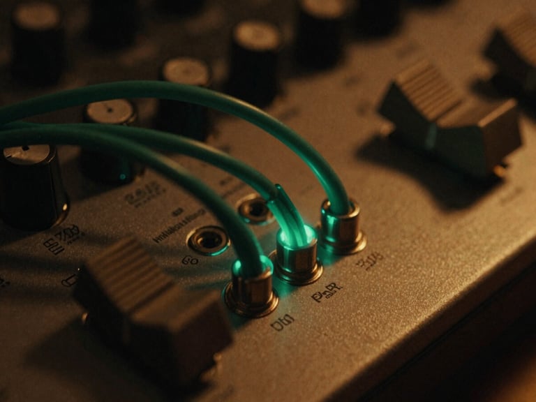 Macro close-up of a vintage analog synthesizer patch bay, glowing terminal green cables, moody chiaroscuro lighting, warm amber accents, 35mm film grain