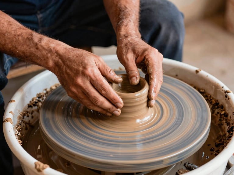 Close-up of hands shaping clay on a potter's wheel in a sunlit workshop, terracotta tones, authentic candid framing.