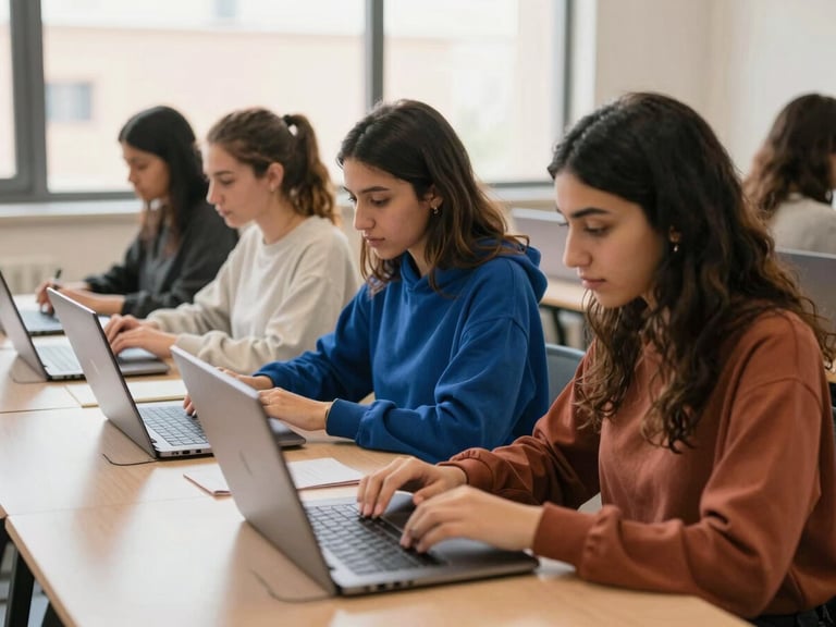 Candid shot of young women learning coding on laptops in a bright, modern classroom, natural light, warm editorial photography.