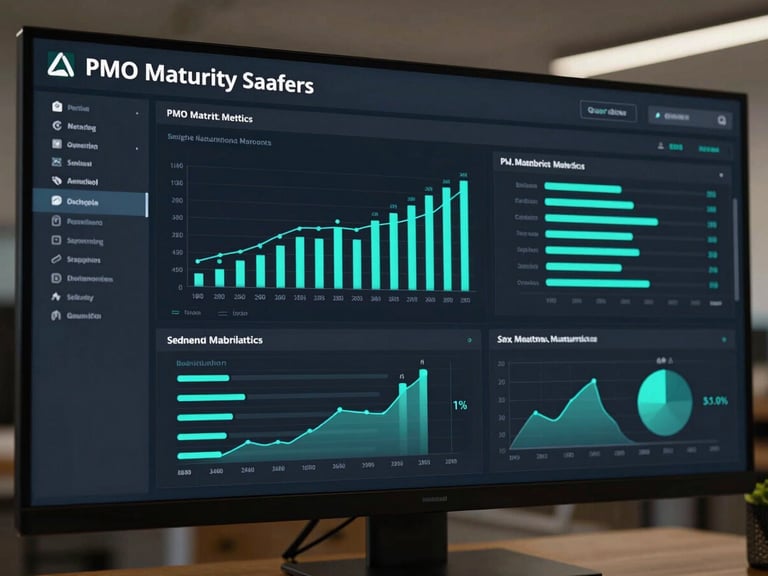 Wide panoramic view of a high-fidelity enterprise SaaS dashboard showing PMO maturity metrics, dark mode UI with electric cyan data nodes and progress charts