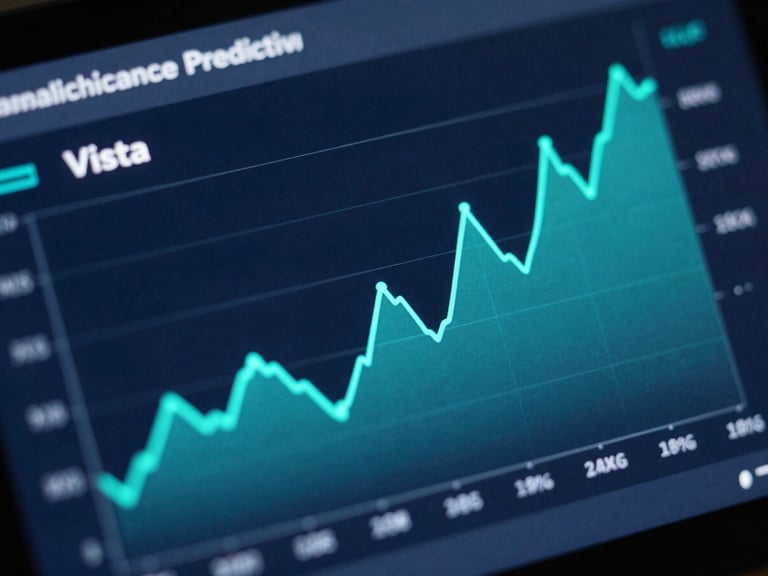 Vista macro de una interfaz SaaS de analítica predictiva, gráficos de dispersión en tonos azul eléctrico y cian sobre fondo oscuro, iluminación de estudio fría y precisa.