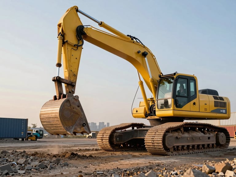A heavy yellow excavator lifting a shipping container in a gravel yard, low-angle heroic framing, bright golden hour light highlighting the metallic ridges and welds.