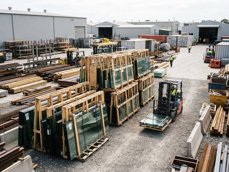 Industrial warehouse yard with stacked flat glass sheets and raw construction materials under bright overcast light, high contrast