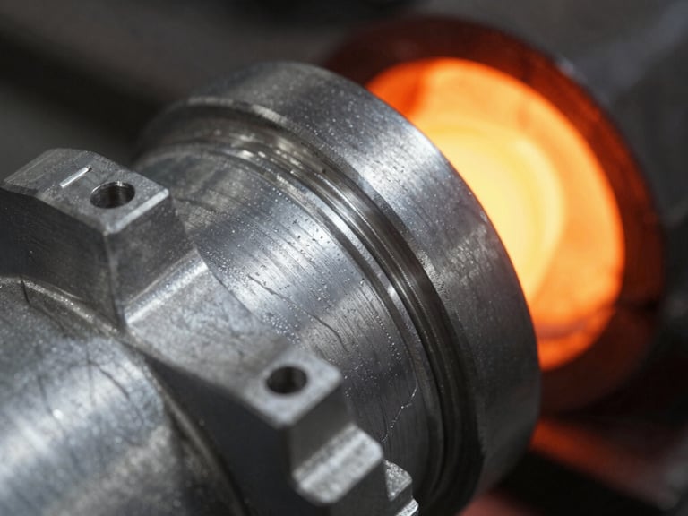 High-contrast macro photograph of a complex cast aluminum component with visible parting lines, sharp technical details, deep shadows, warm orange glow from molten metal in the background, 50mm lens