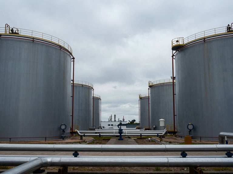 Wide shot of a petrochemical storage tank farm, large cylindrical tanks receding into the distance under cool overcast sky, access pipework in the foreground, institutional muted grey and navy tones
