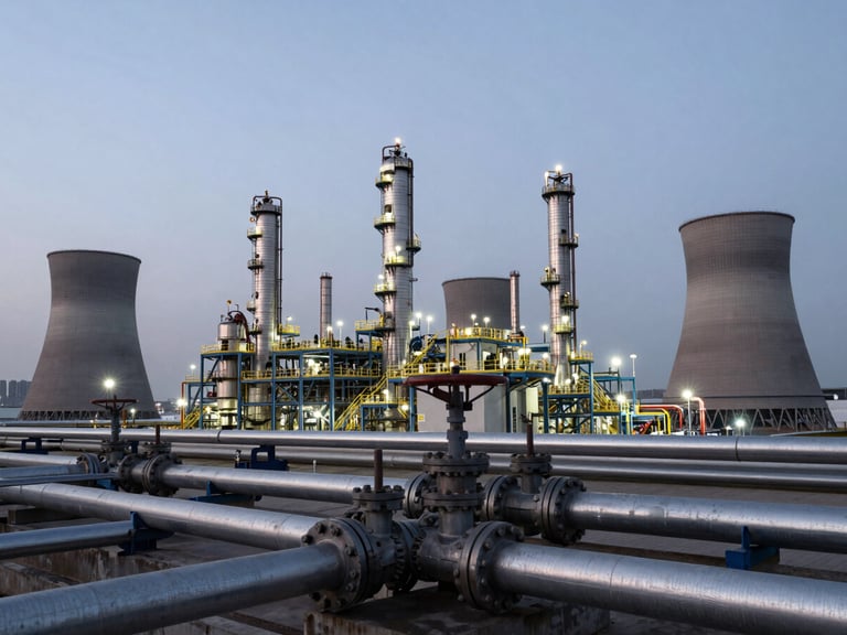 Wide shot of a petroleum refinery complex at dusk, cooling towers and distillation columns stretching across the frame, cool overcast industrial light, pipes and flanges in sharp foreground detail, muted steel-grey and charcoal tones